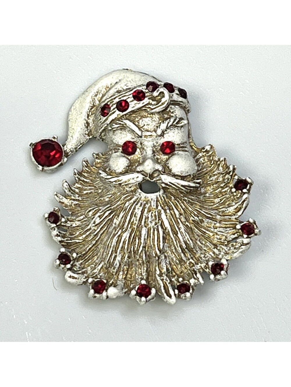 Evil Looking Santa Head Pin Brooch White Gold Red Rhinestone Vintage Christmas